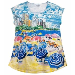 Coral Bay Shirt Women's Large Beach Vacation Resort Short SleeveTop Blue Yellow